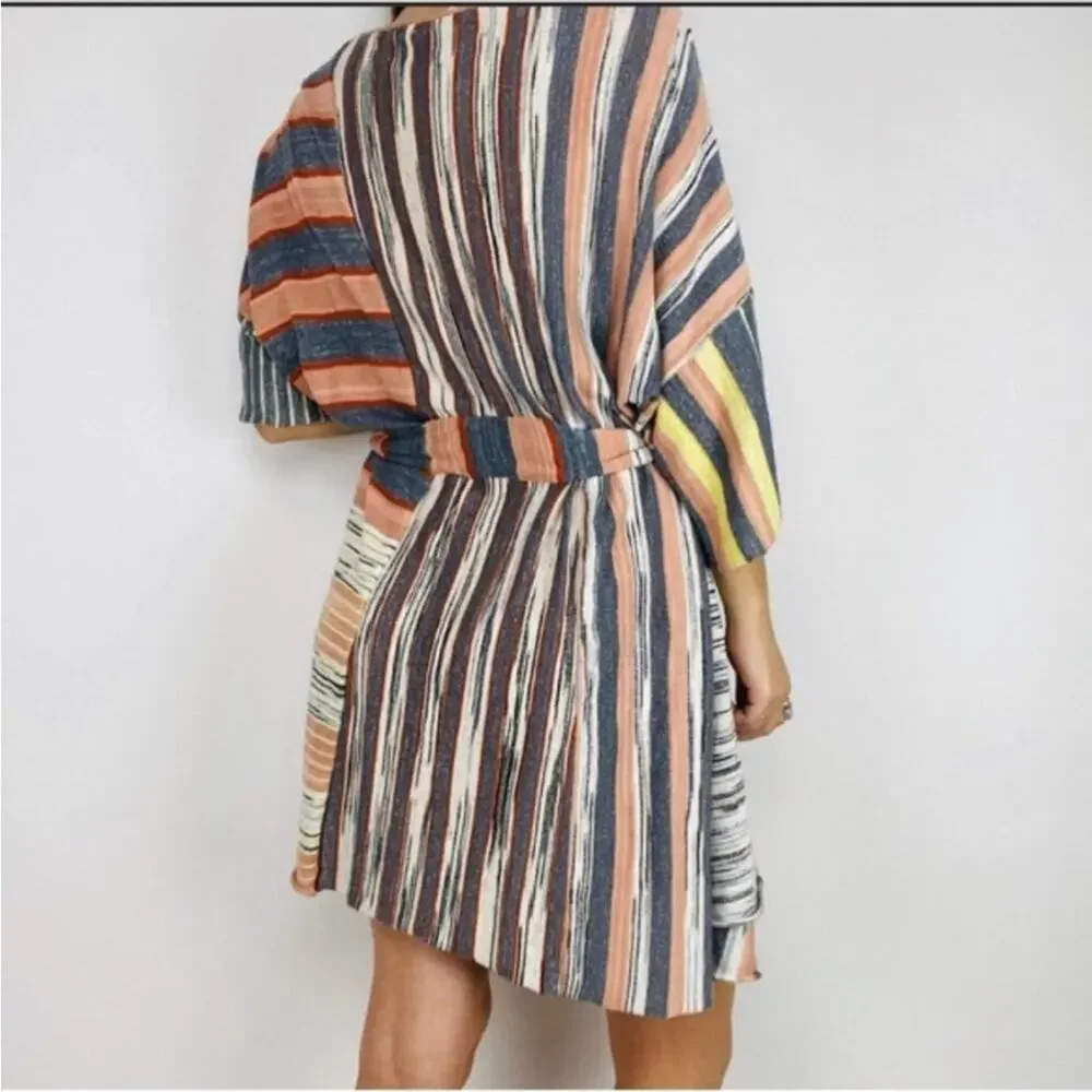 Free People Horizon‎ white blue orange mixed stripe belted knit dress size Small